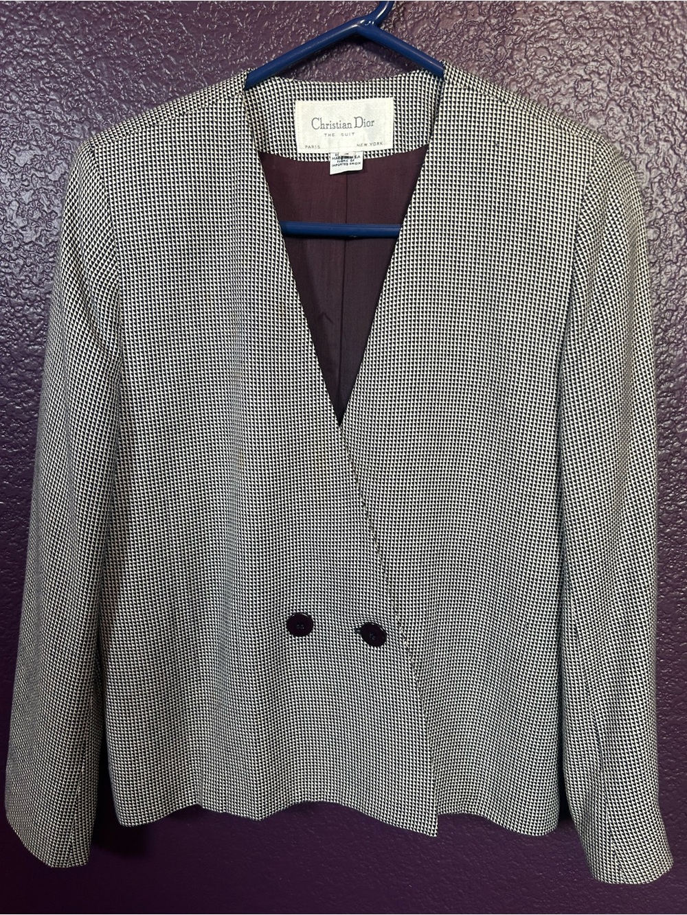 Vtg Christian Dior The Suit Houndstooth Blazer Jacket Collarless Women Size 4 US